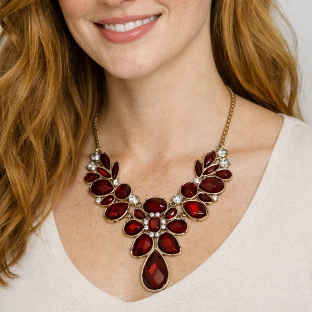 Red Gemstone Teardrop Statement Necklace 18” Gold-Tone